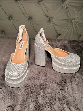 Steve Madden Silver Rhinestone Platform Block Heels: Charlize